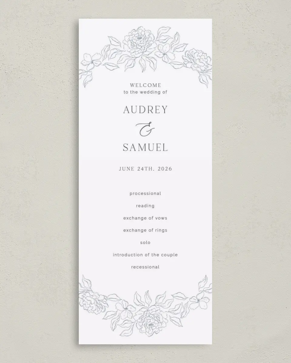This is a 3⅝" x 8⅞" Tea-length Wedding Program called Graceful Petals printed in full color on Premium Smooth paper