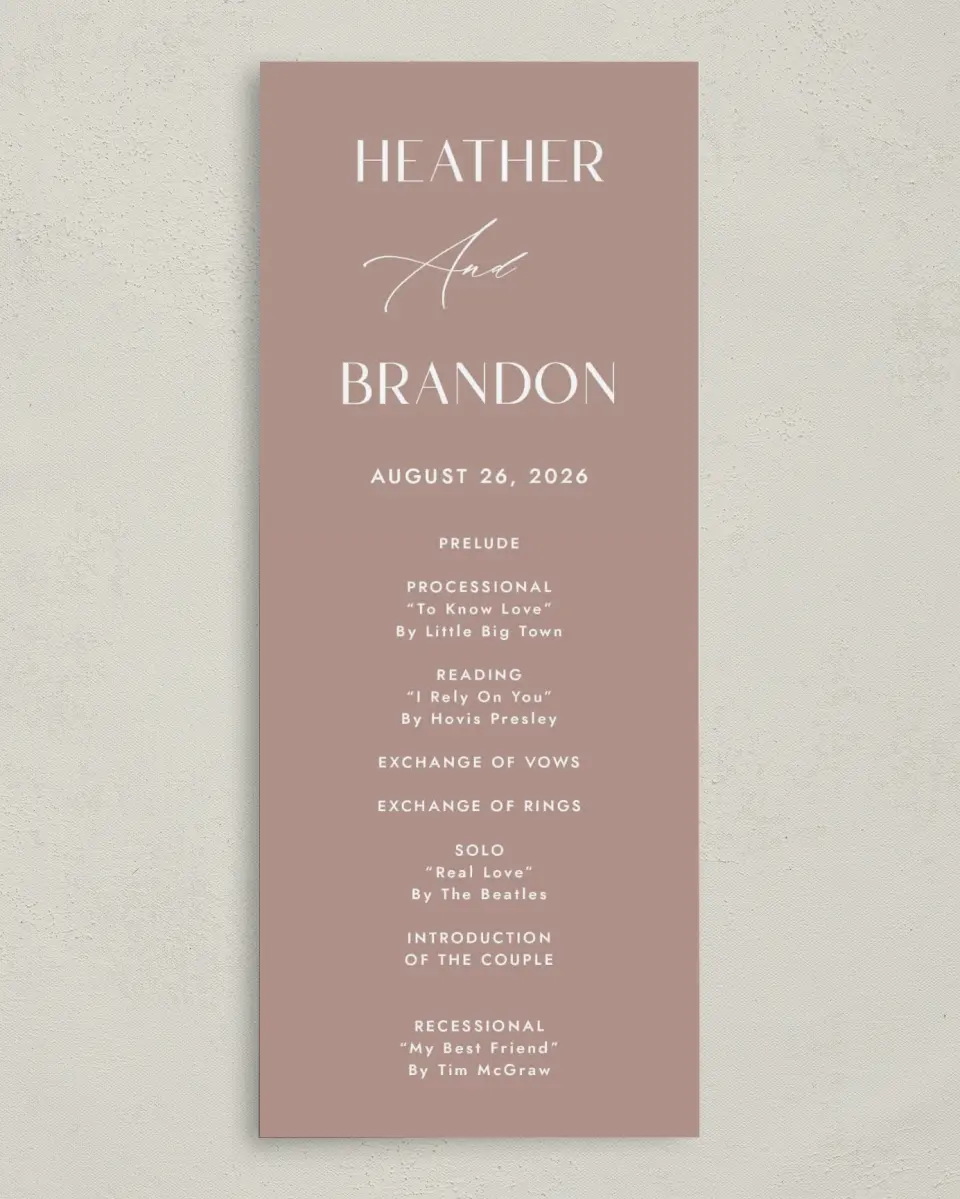 This is a 3⅝" x 8⅞" Tea-length Wedding Program called Neat Names printed in full color on Premium Smooth paper