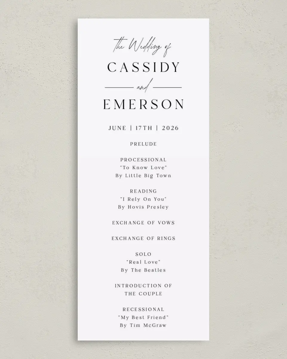 This is a 3⅝" x 8⅞" Tea-length Wedding Program called Devoted Delight printed in full color on Premium Smooth paper