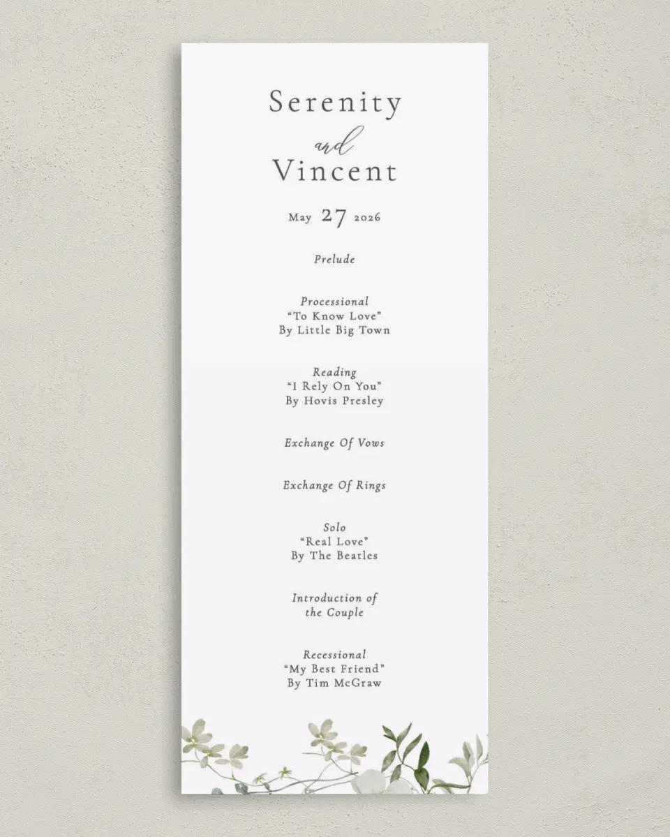 This is a 3⅝" x 8⅞" Tea-length Wedding Program called Graceful Greenery printed in full color with Gold foil on Luxe Satin (coated) paper