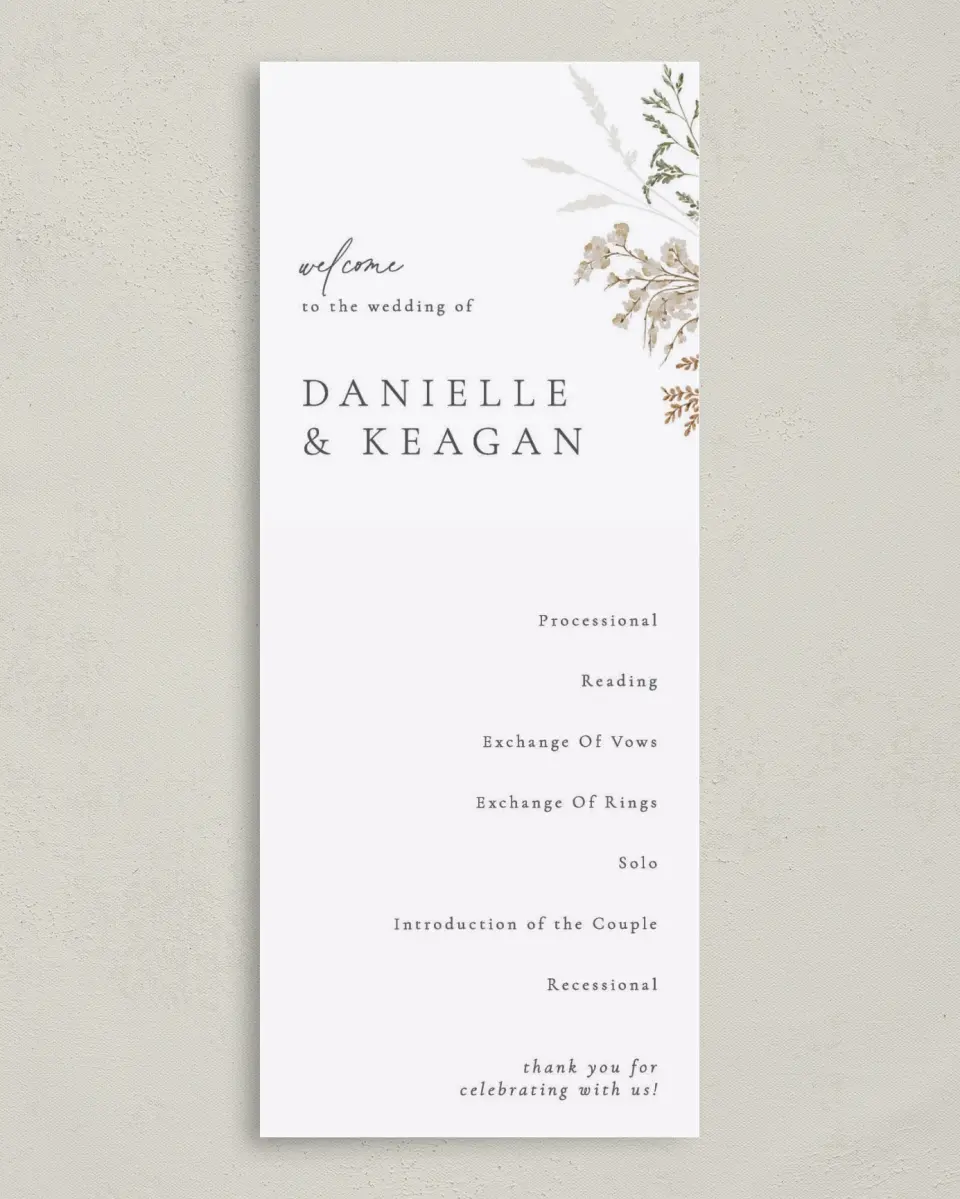 This is a 3⅝" x 8⅞" Tea-length Wedding Program called Wild Devotion printed in full color on Premium Smooth paper