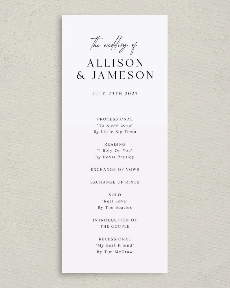 This is a 3⅝" x 8⅞" Tea-length Wedding Program called Simple Signature printed in full color on Premium Smooth paper
