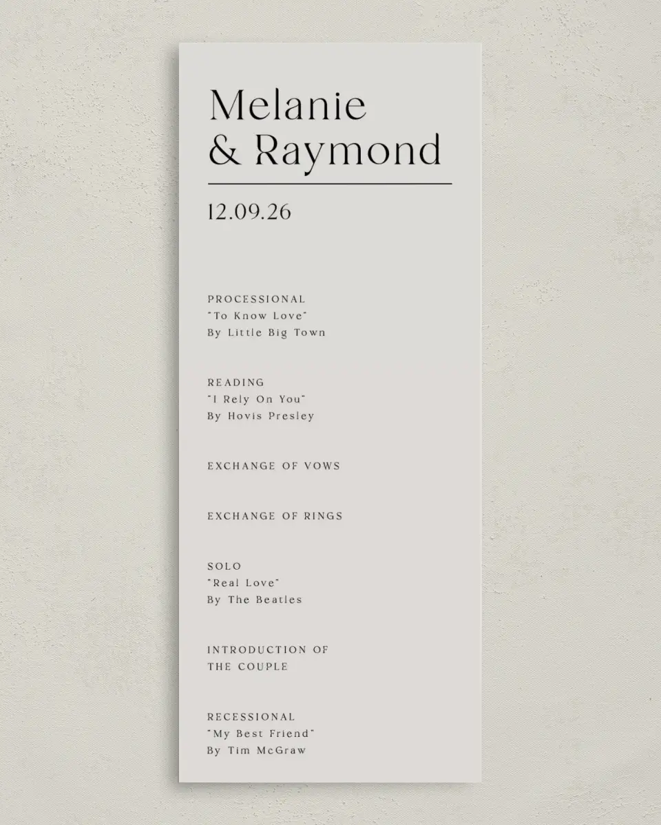 This is a 3⅝" x 8⅞" Tea-length Wedding Program called Styled Lines printed in full color on Premium Smooth paper