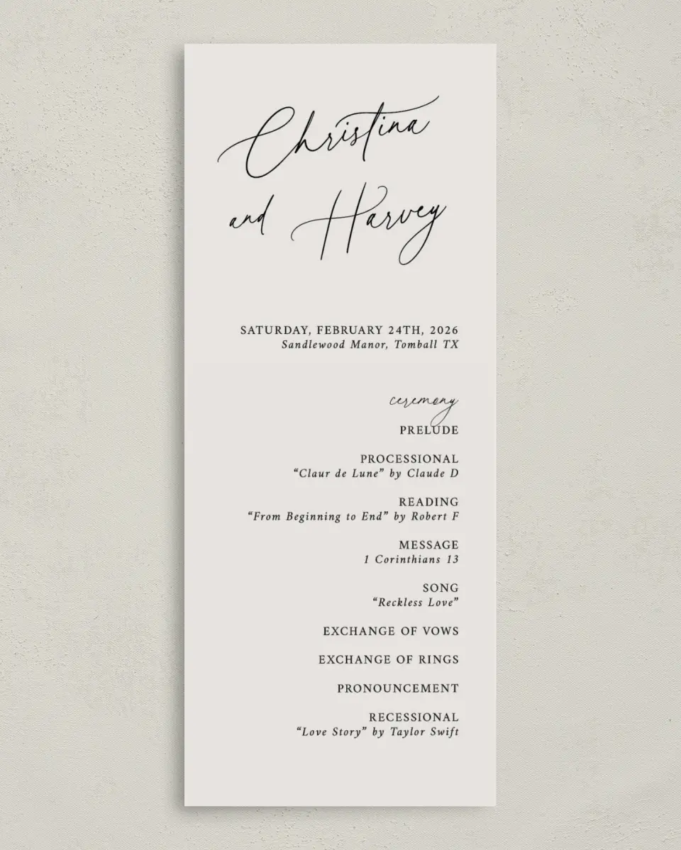 This is a 3⅝" x 8⅞" Tea-length Wedding Program called The Christina printed in full color on Premium Smooth paper