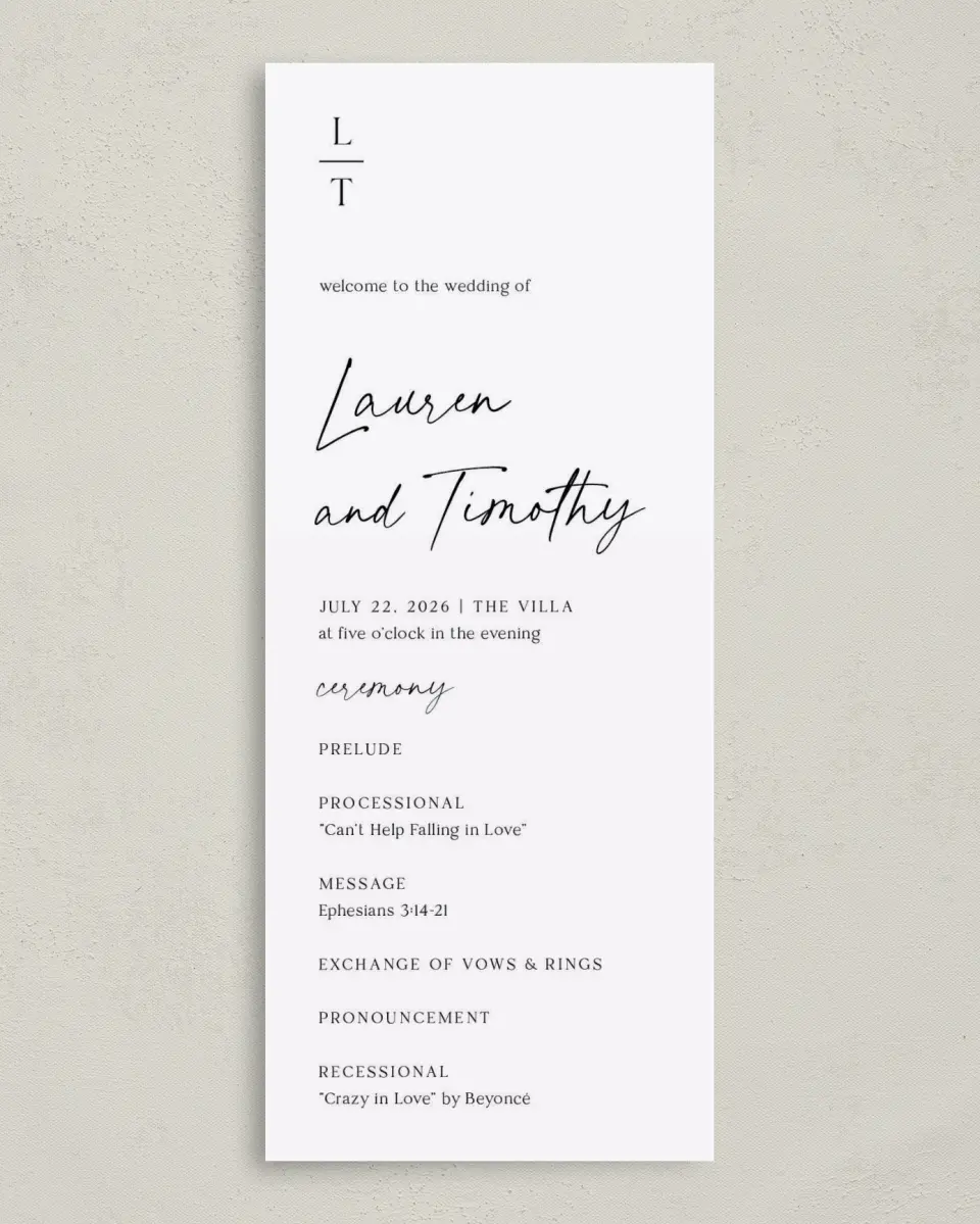 This is a 3⅝" x 8⅞" Tea-length Wedding Program called The Lauren printed in full color on Premium Smooth paper