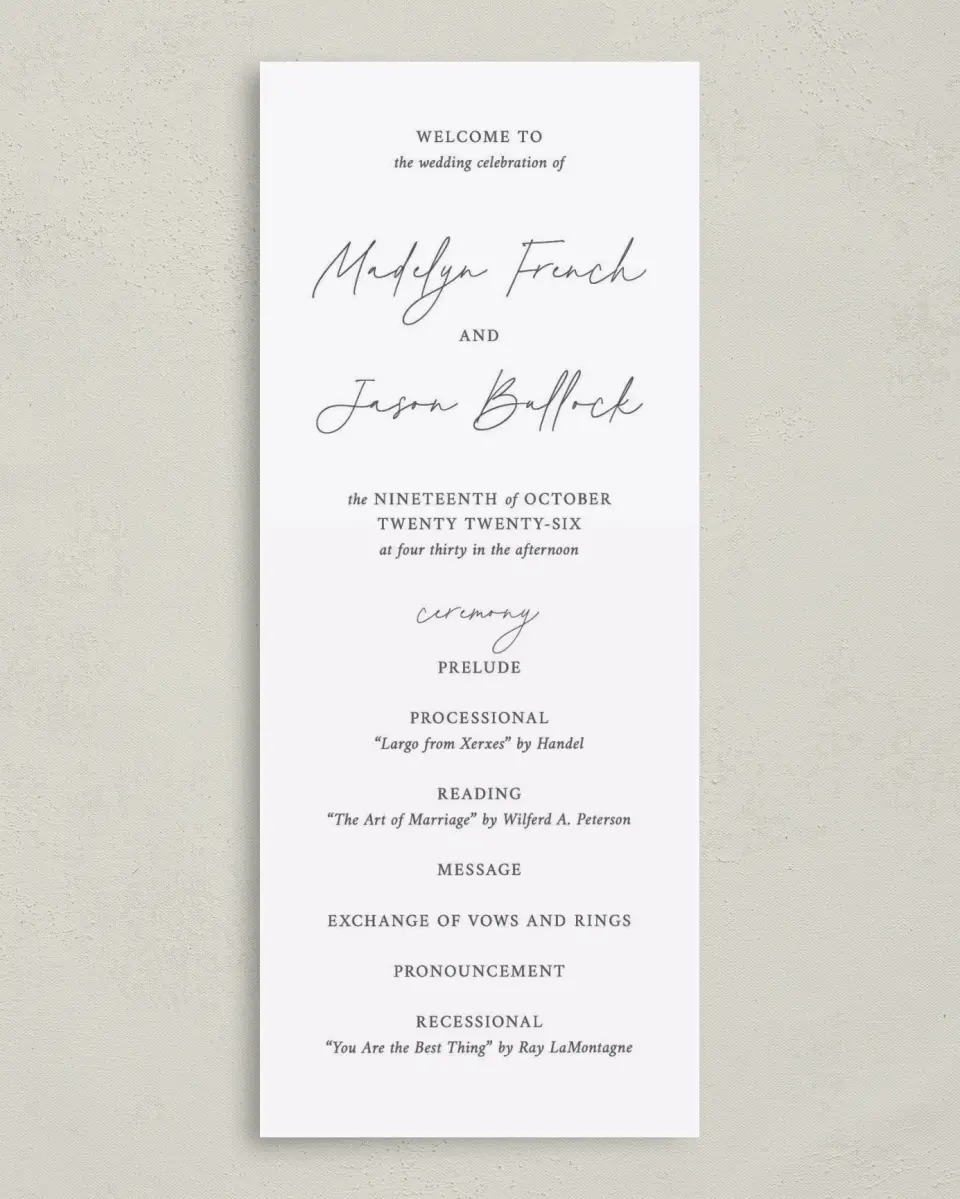 This is a 3⅝" x 8⅞" Tea-length Wedding Program called The Madelyn printed in full color on Premium Smooth paper