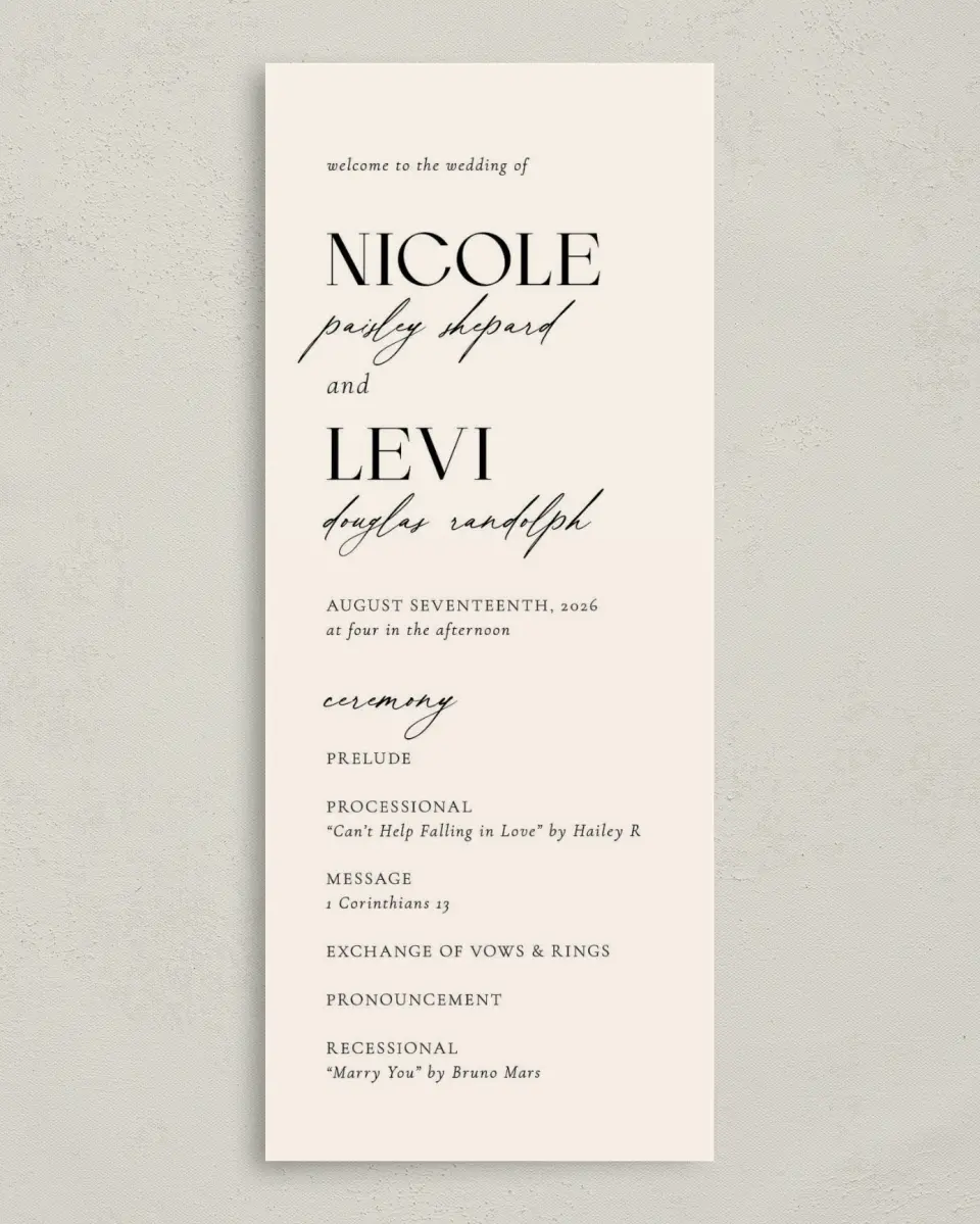 This is a 3⅝" x 8⅞" Tea-length Wedding Program called The Nicole printed in full color on Premium Smooth paper