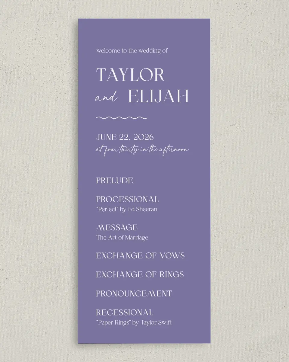 This is a 3⅝" x 8⅞" Tea-length Wedding Program called The Taylor printed in full color on Premium Smooth paper