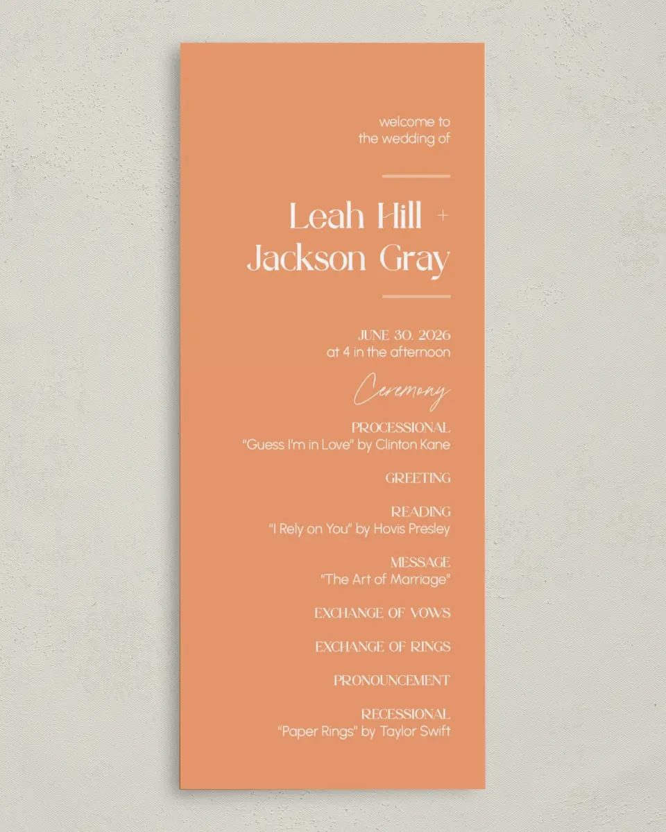 This is a 3⅝" x 8⅞" Tea-length Wedding Program called The Leah printed in full color on Premium Smooth paper