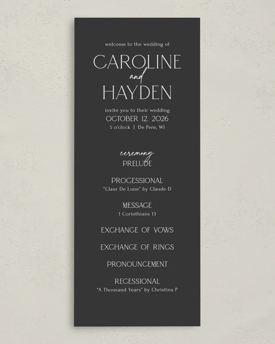 This is a 3⅝" x 8⅞" Tea-length Wedding Program called The Caroline printed in full color on Premium Smooth paper