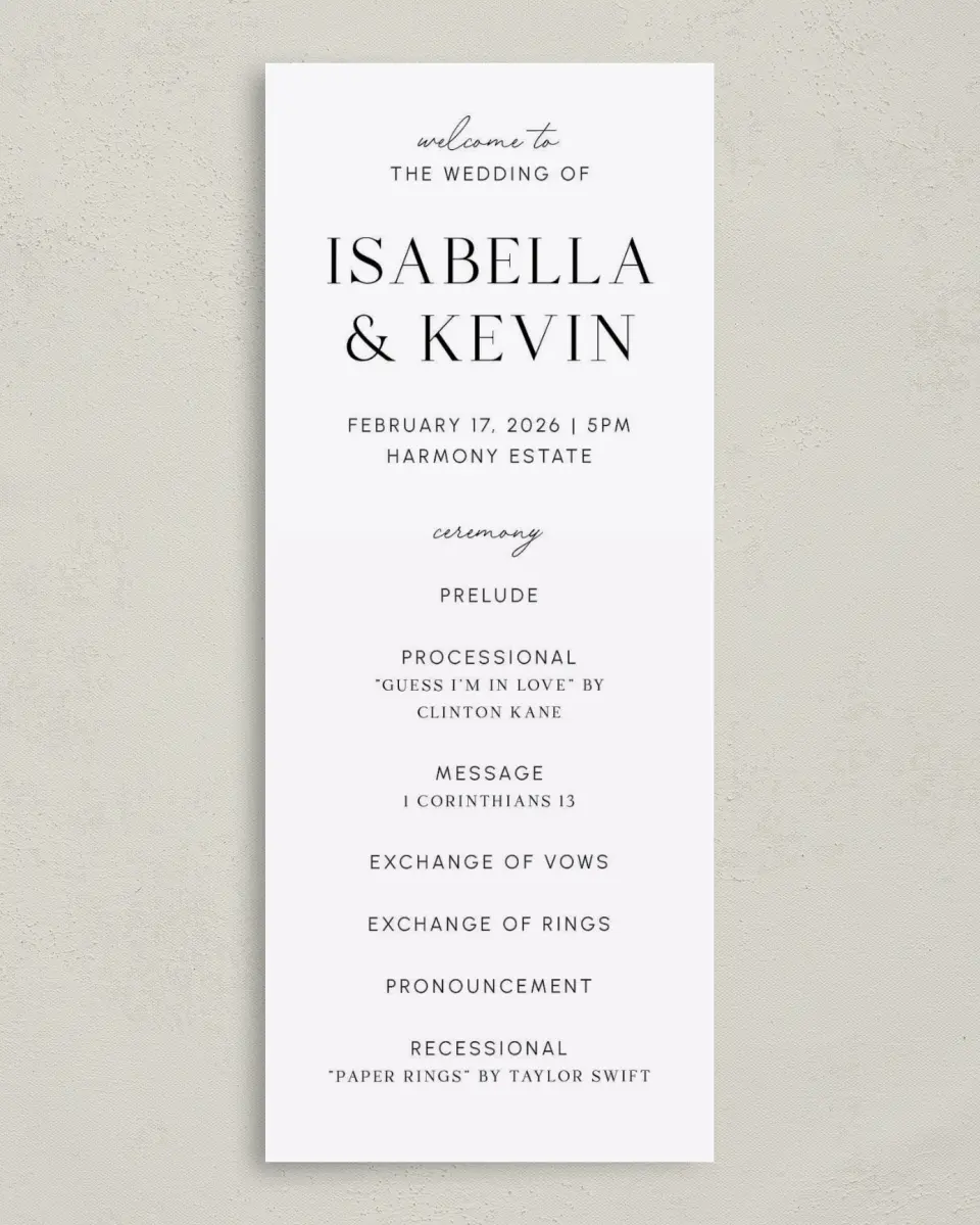 This is a 3⅝" x 8⅞" Tea-length Wedding Program called The Isabella printed in full color on Premium Smooth paper
