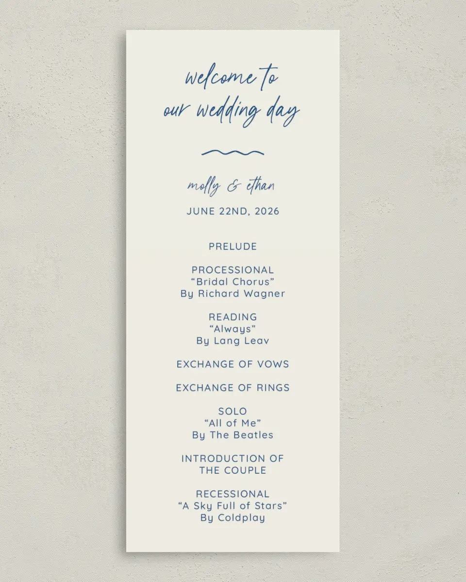 This is a 3⅝" x 8⅞" Tea-length Wedding Program called Drawn To You printed in full color on Premium Smooth paper