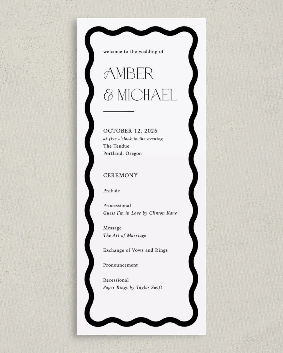 This is a 3⅝" x 8⅞" Tea-length Wedding Program called The Amber printed in full color on Premium Smooth paper
