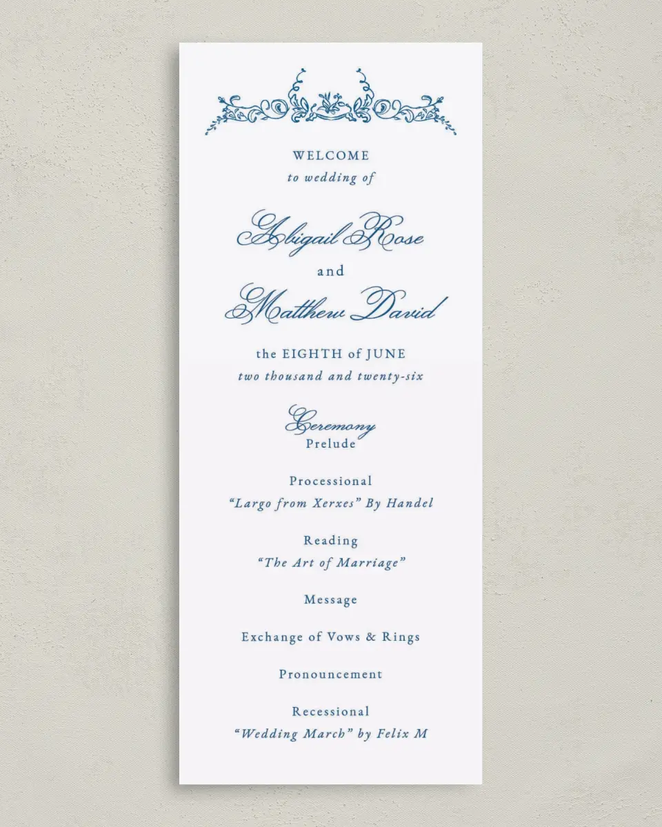 This is a 3⅝" x 8⅞" Tea-length Wedding Program called Ornamental Elegance printed in full color on Premium Smooth paper