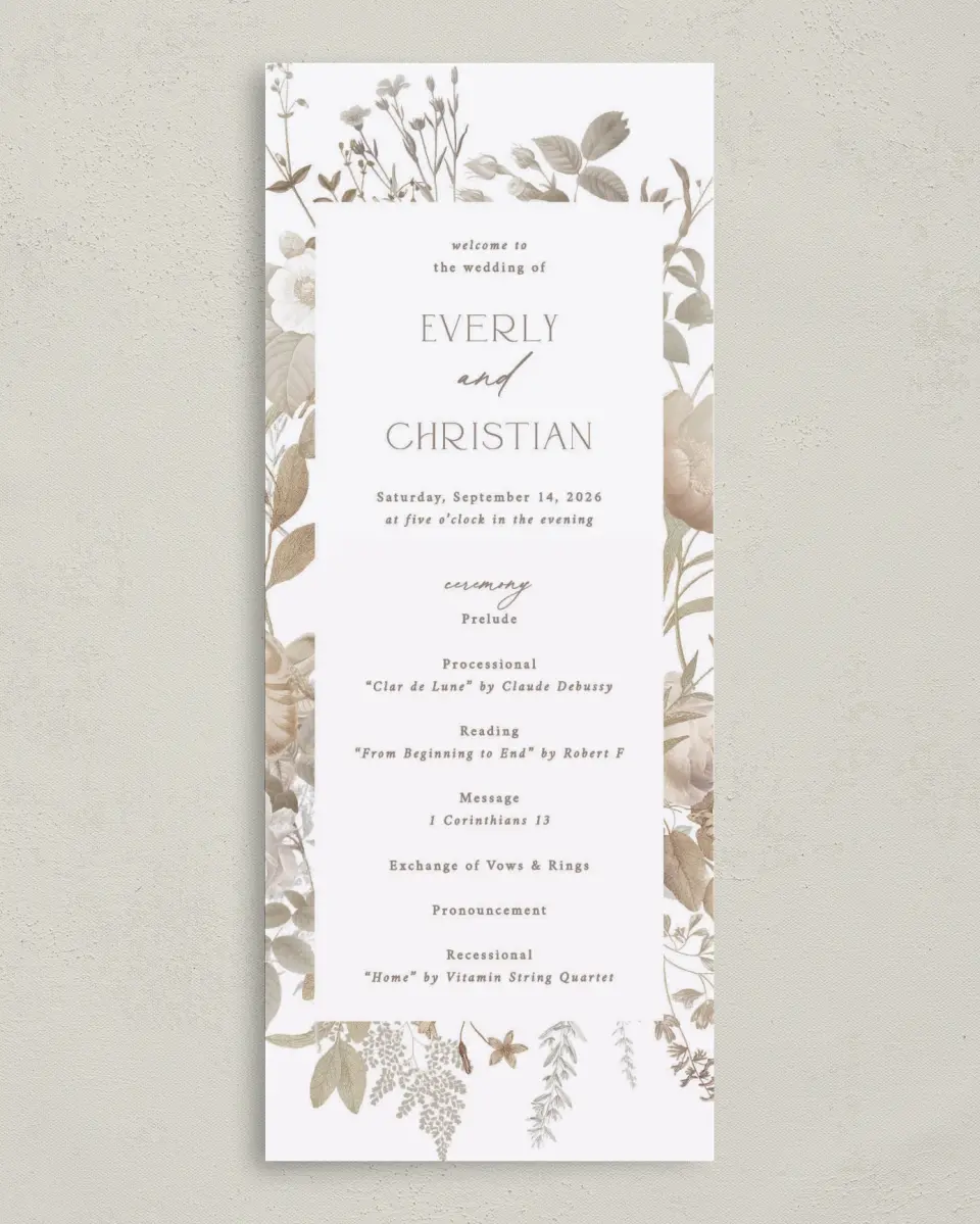 This is a 3⅝" x 8⅞" Tea-length Wedding Program called The Everly printed in full color on Premium Smooth paper