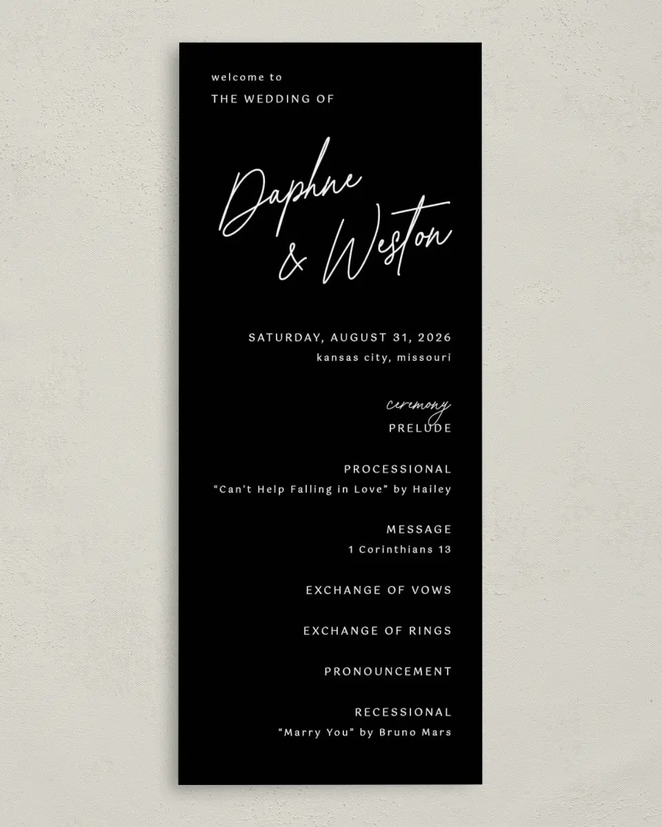 This is a 3⅝" x 8⅞" Tea-length Wedding Program called Scripted Love printed in full color on Premium Smooth paper