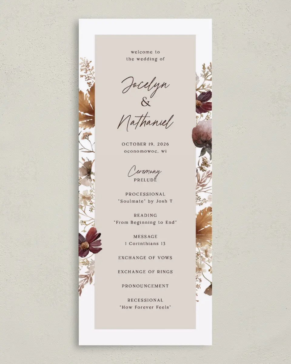This is a 3⅝" x 8⅞" Tea-length Wedding Program called Autumn Wildflowers printed in full color on Premium Smooth paper