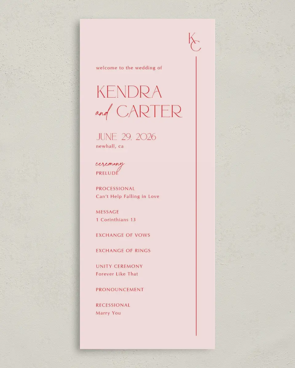 This is a 3⅝" x 8⅞" Tea-length Wedding Program called Initial Unity printed in full color on Premium Smooth paper