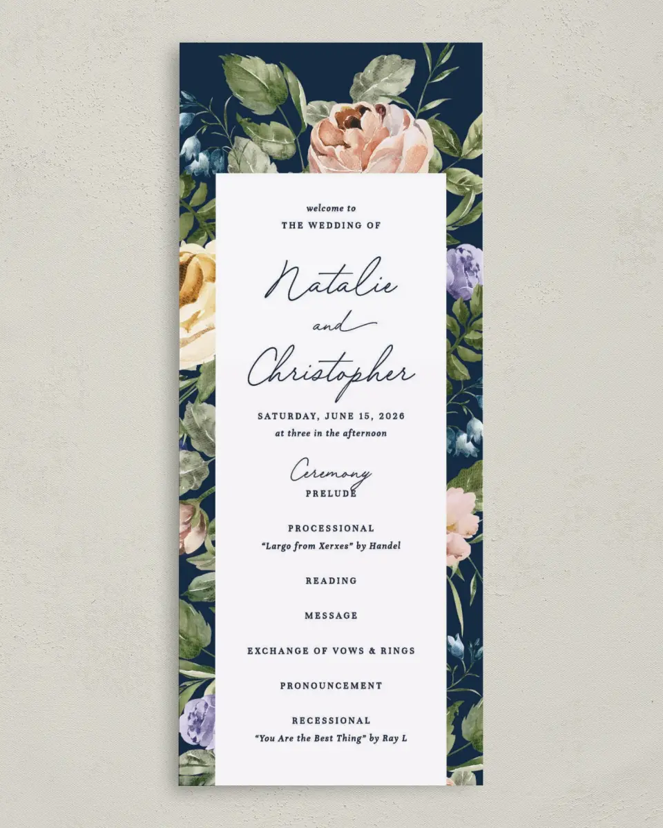 This is a 3⅝" x 8⅞" Tea-length Wedding Program called The Natalie printed in full color on Premium Smooth paper