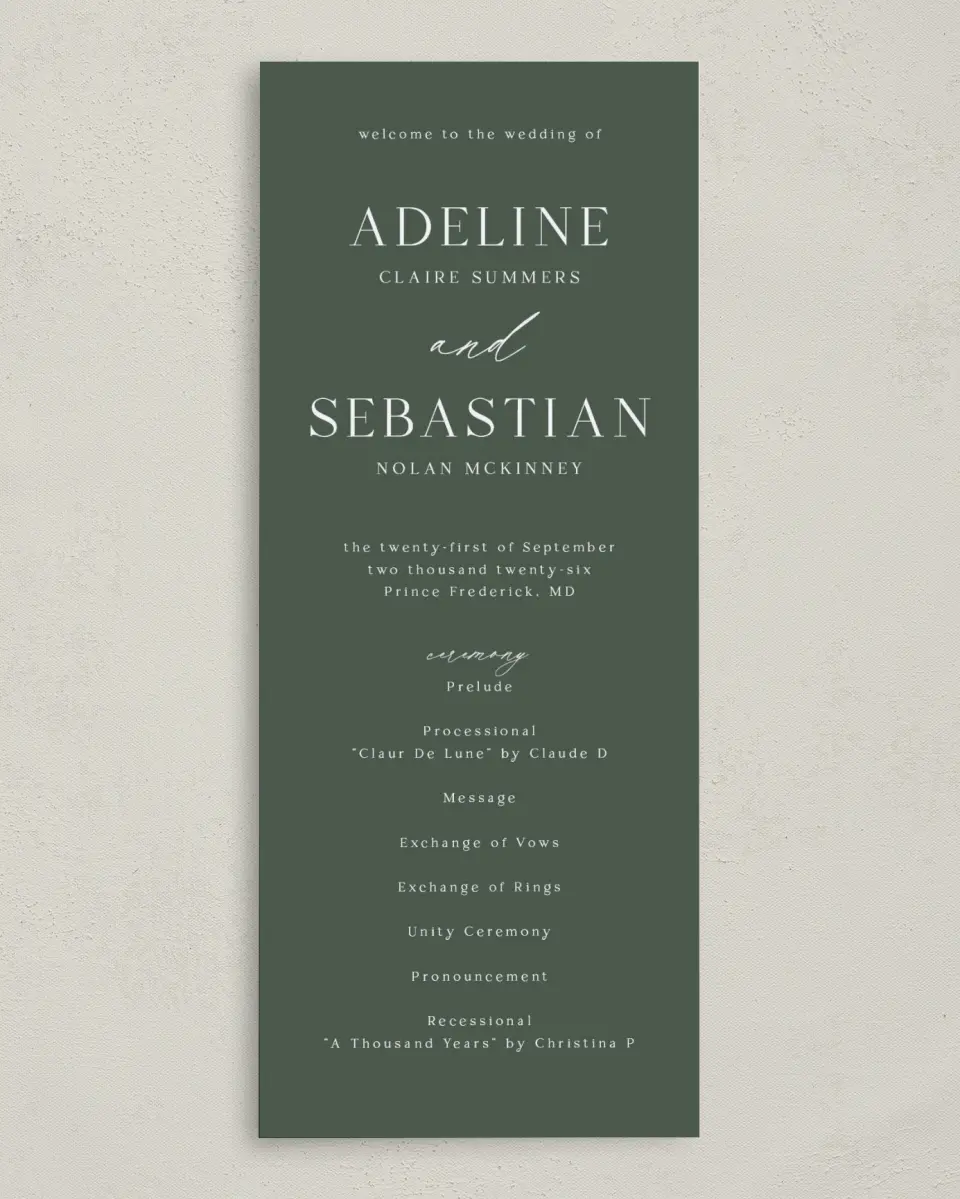 This is a 3⅝" x 8⅞" Tea-length Wedding Program called True Tradition printed in full color on Premium Smooth paper