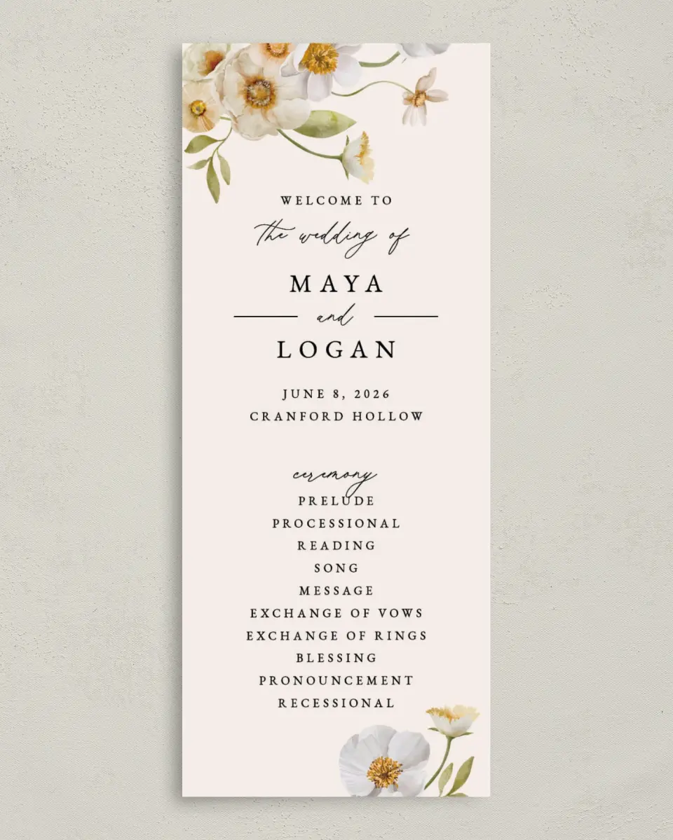 This is a 3⅝" x 8⅞" Tea-length Wedding Program called Charming Cosmos printed in full color with Rose Gold foil on Luxe Satin (coated) paper