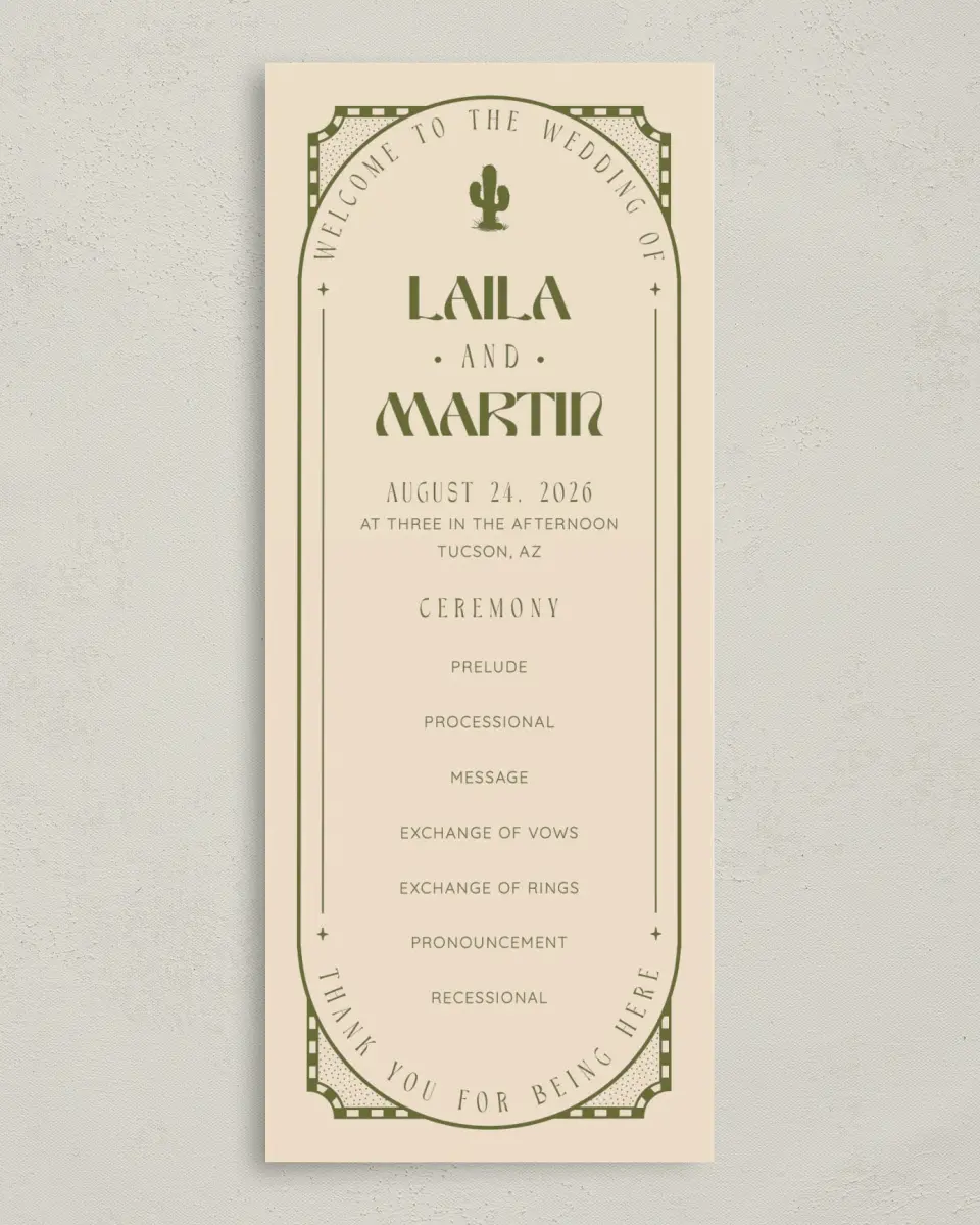 This is a 3⅝" x 8⅞" Tea-length Wedding Program called Desert Funk printed in full color on Premium Smooth paper