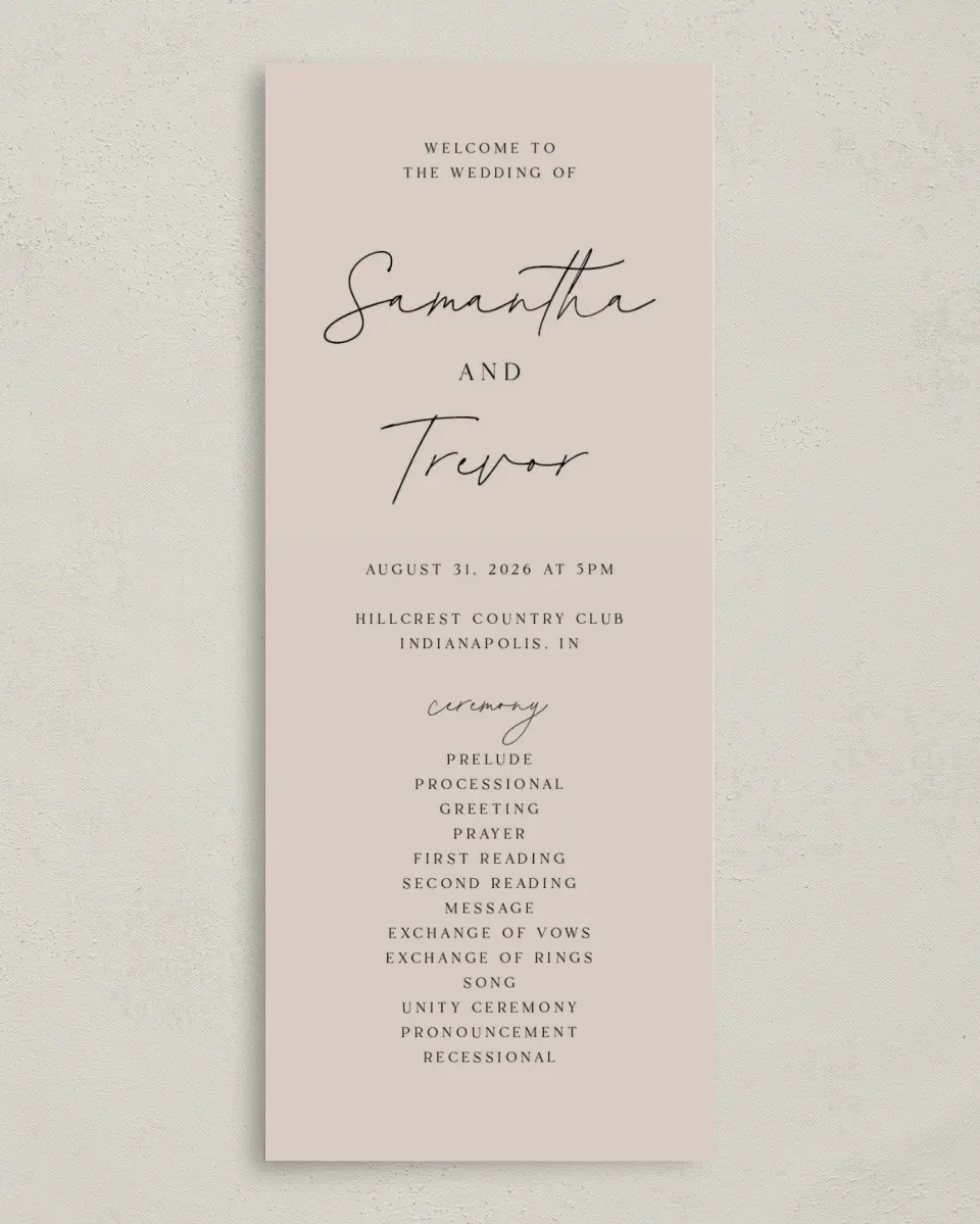 This is a 3⅝" x 8⅞" Tea-length Wedding Program called The Samantha printed in full color on Premium Smooth paper