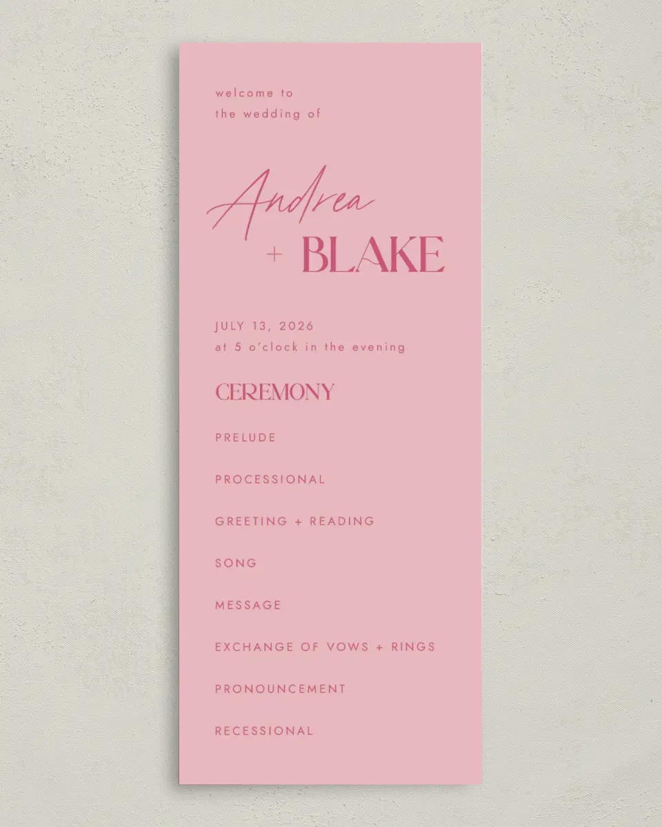This is a 3⅝" x 8⅞" Tea-length Wedding Program called The Andrea printed in full color on Premium Smooth paper