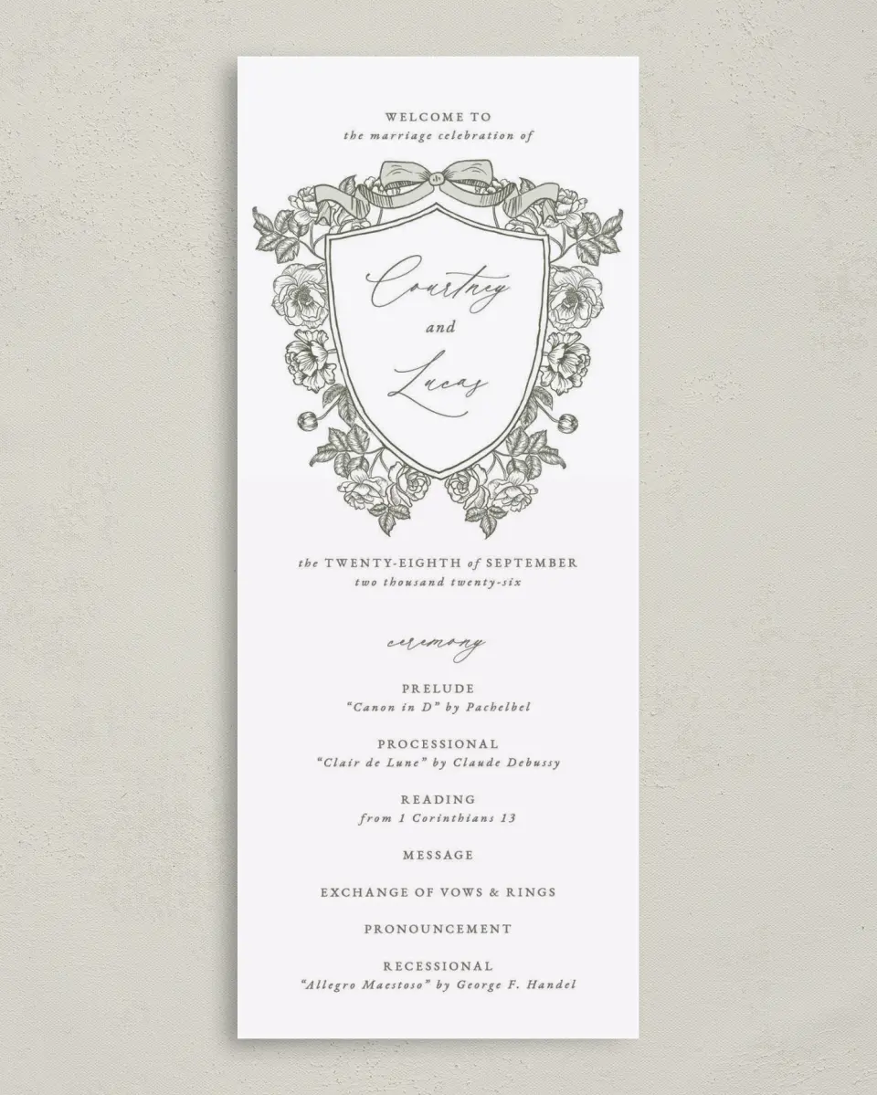 This is a 3⅝" x 8⅞" Tea-length Wedding Program called Elegant Crest printed in full color on Premium Smooth paper