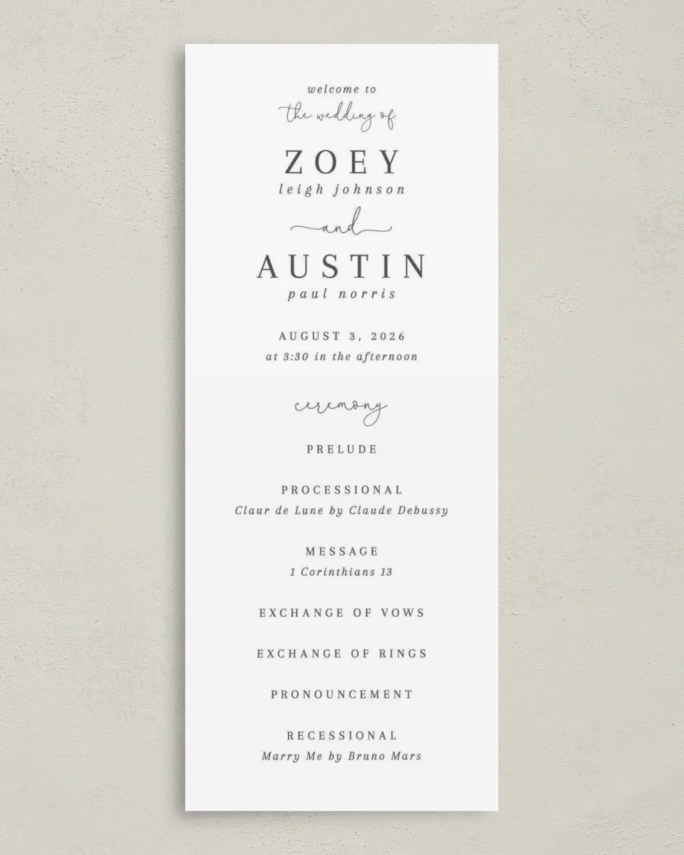 This is a 3⅝" x 8⅞" Tea-length Wedding Program called The Zoey printed in full color on Premium Smooth paper