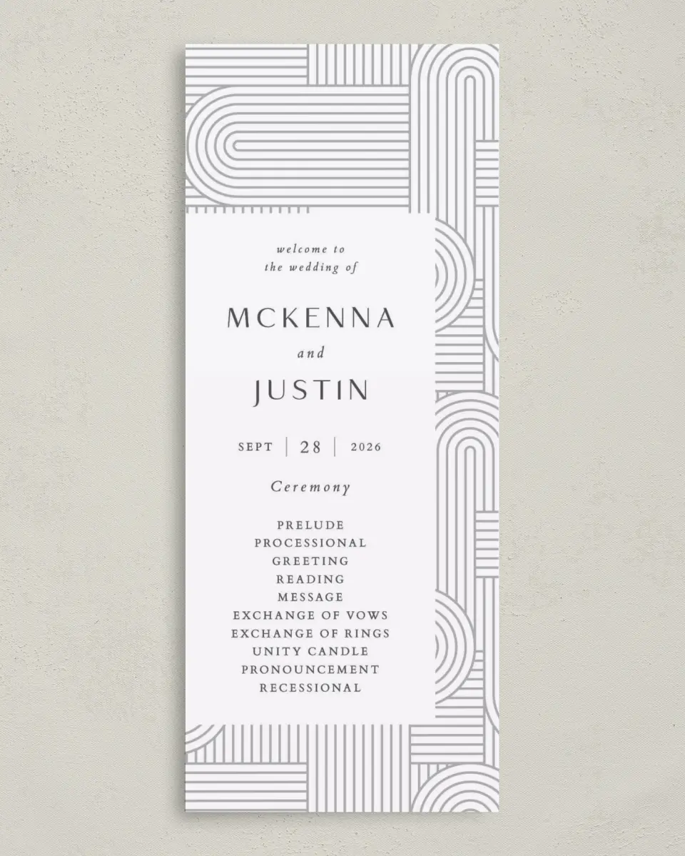 This is a 3⅝" x 8⅞" Tea-length Wedding Program called Geometric Elegance printed in full color on Premium Smooth paper