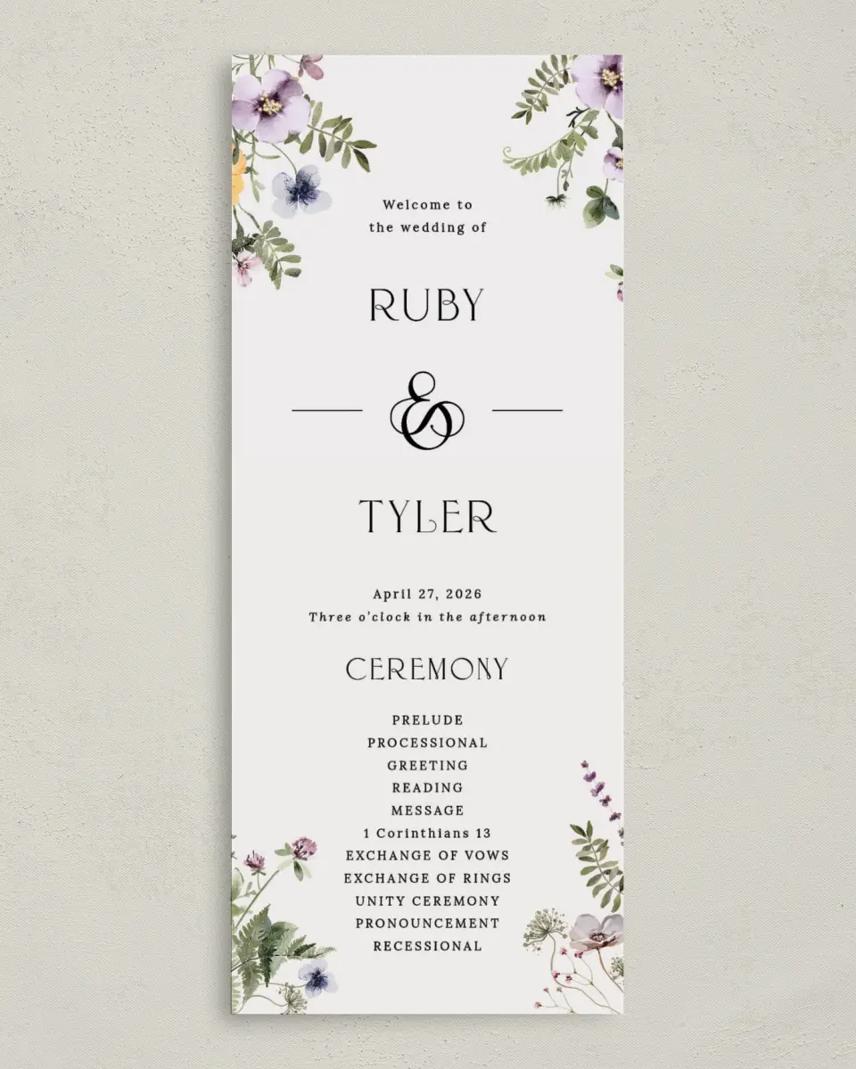 This is a 3⅝" x 8⅞" Tea-length Wedding Program called The Ruby printed in full color on Premium Smooth paper
