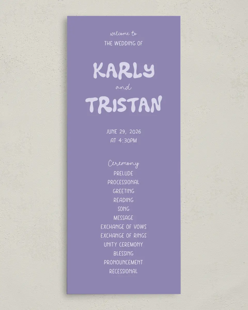 This is a 3⅝" x 8⅞" Tea-length Wedding Program called The Karly printed in full color with Gold foil on Luxe Satin (coated) paper