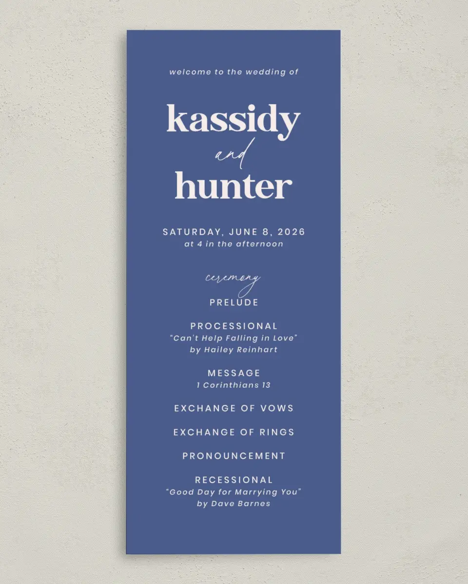 This is a 3⅝" x 8⅞" Tea-length Wedding Program called The Kassidy printed in full color on Premium Smooth paper