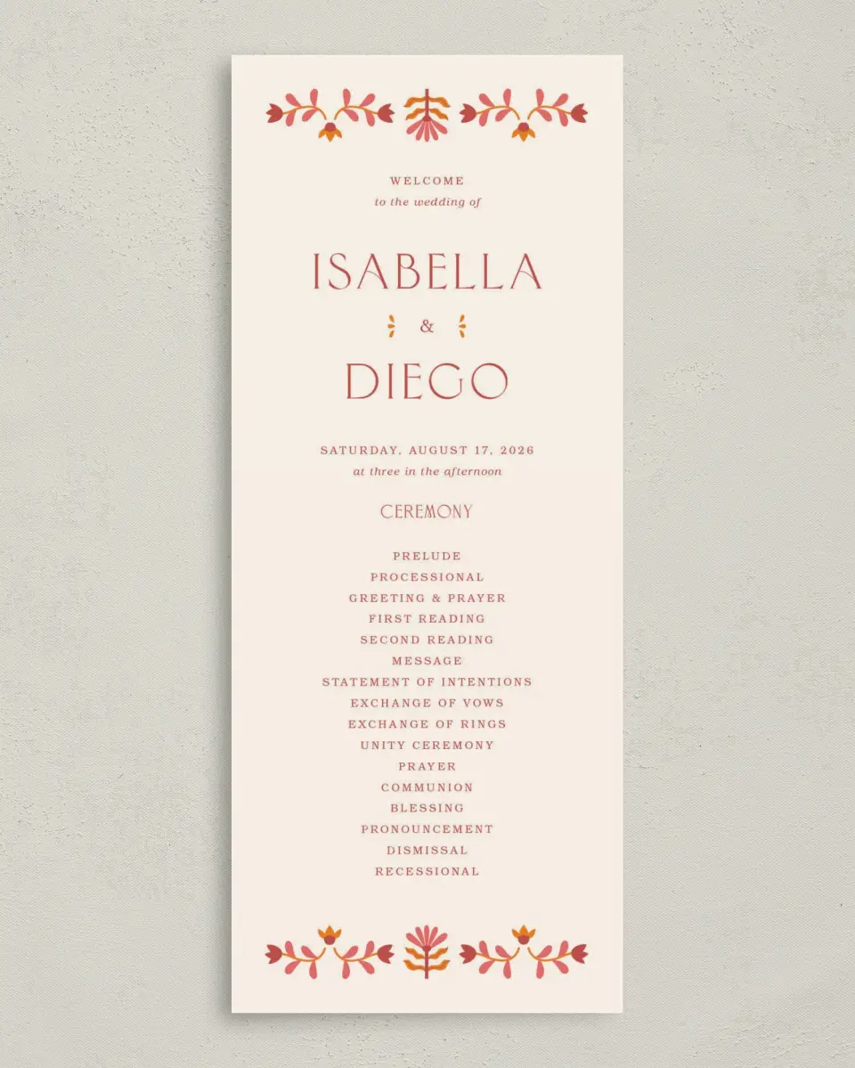 This is a 3⅝" x 8⅞" Tea-length Wedding Program called Folk Fiesta printed in full color on Premium Smooth paper