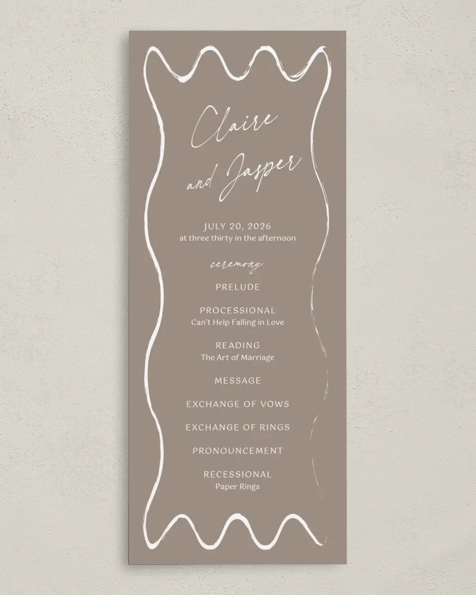 This is a 3⅝" x 8⅞" Tea-length Wedding Program called Romantic Sketch printed in full color on Premium Smooth paper