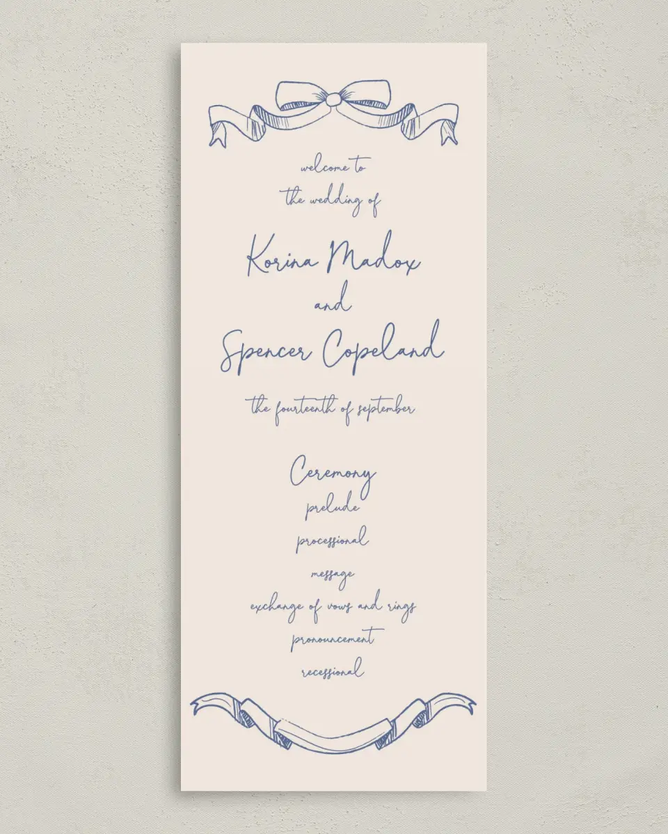 This is a 3⅝" x 8⅞" Tea-length Wedding Program called Sketched Bow printed in full color on Premium Smooth paper