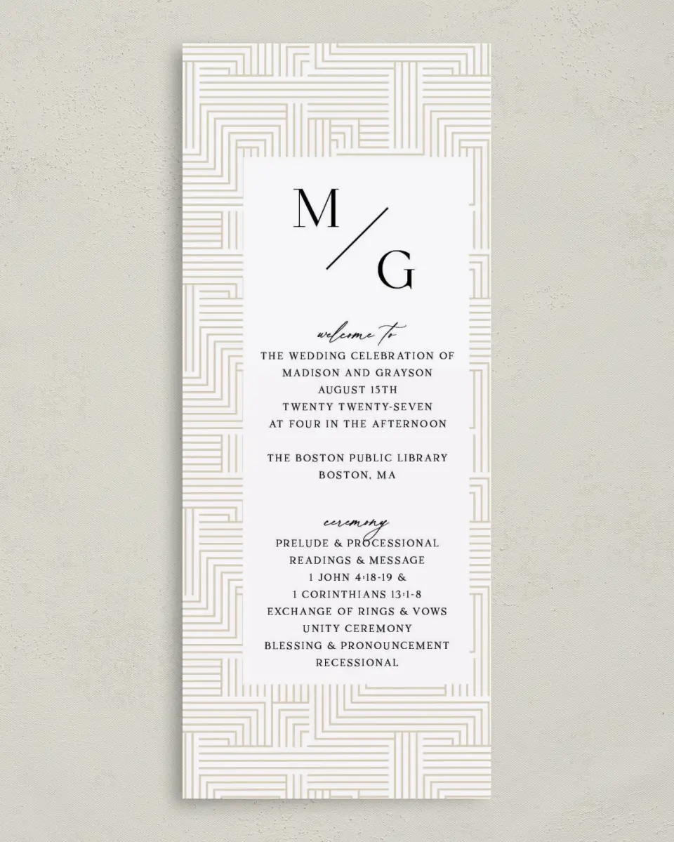 This is a 3⅝" x 8⅞" Tea-length Wedding Program called Love Maze printed in full color with Gold foil on Premium Smooth paper