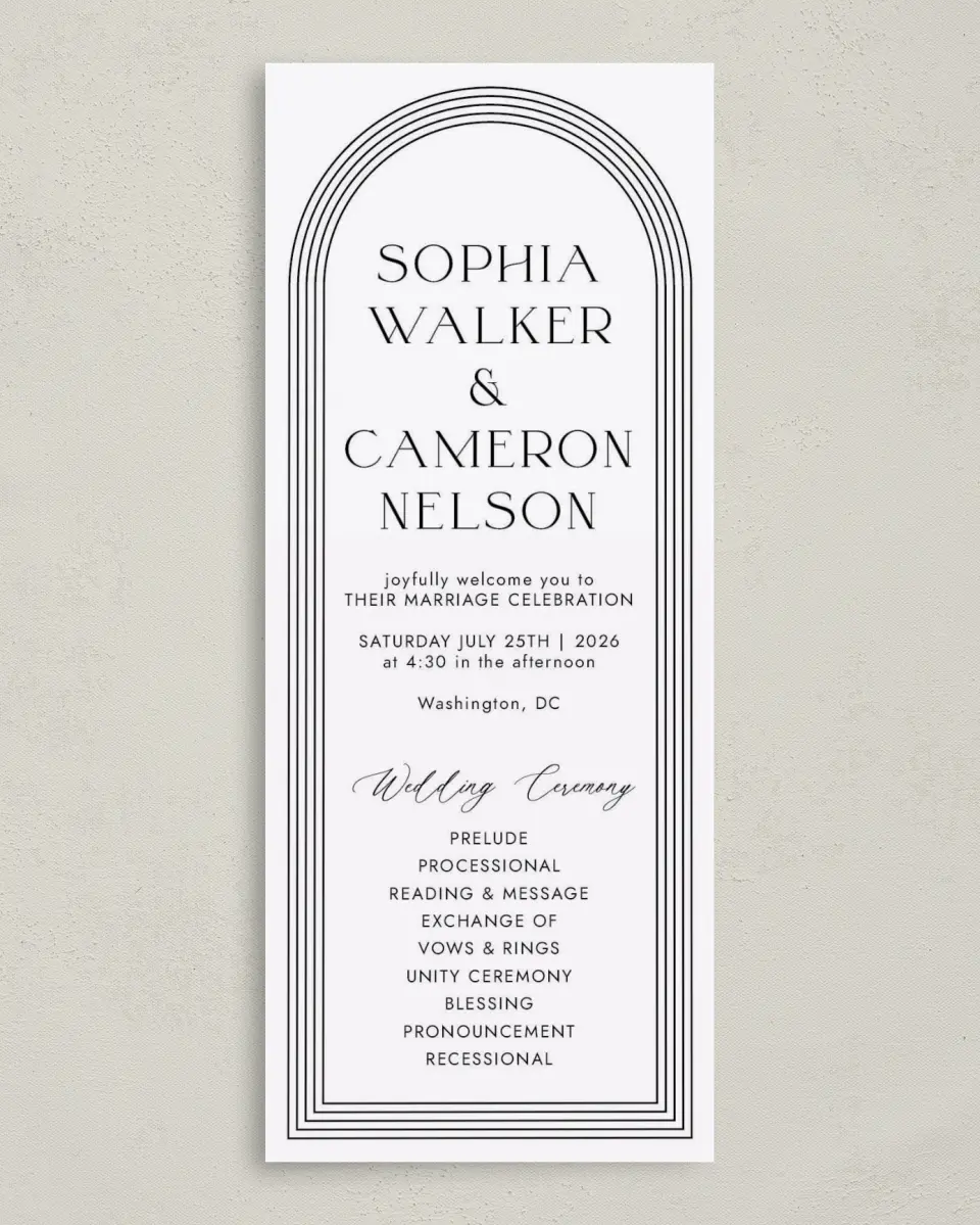 This is a 3⅝" x 8⅞" Tea-length Wedding Program called Passionate Arch printed in full color with Gold foil on Premium Smooth paper