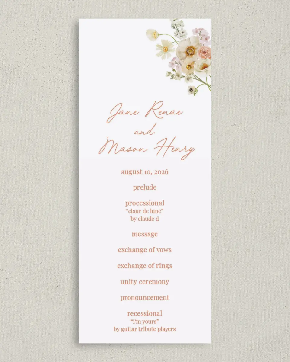 This is a 3⅝" x 8⅞" Tea-length Wedding Program called Warm Wildflowers printed in full color on Premium Smooth paper