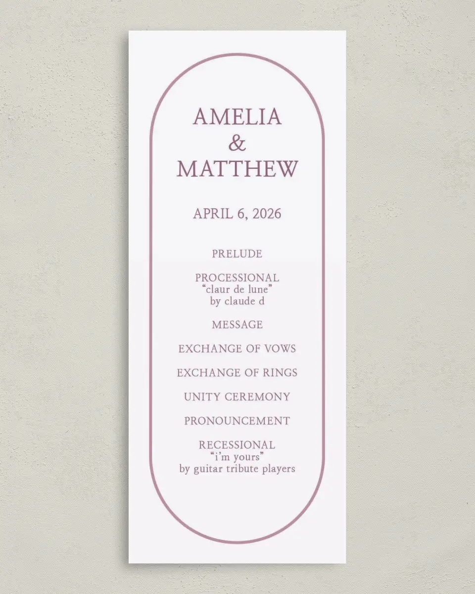 This is a 3⅝" x 8⅞" Tea-length Wedding Program called Whimsy Fairytale printed in full color on Premium Smooth paper