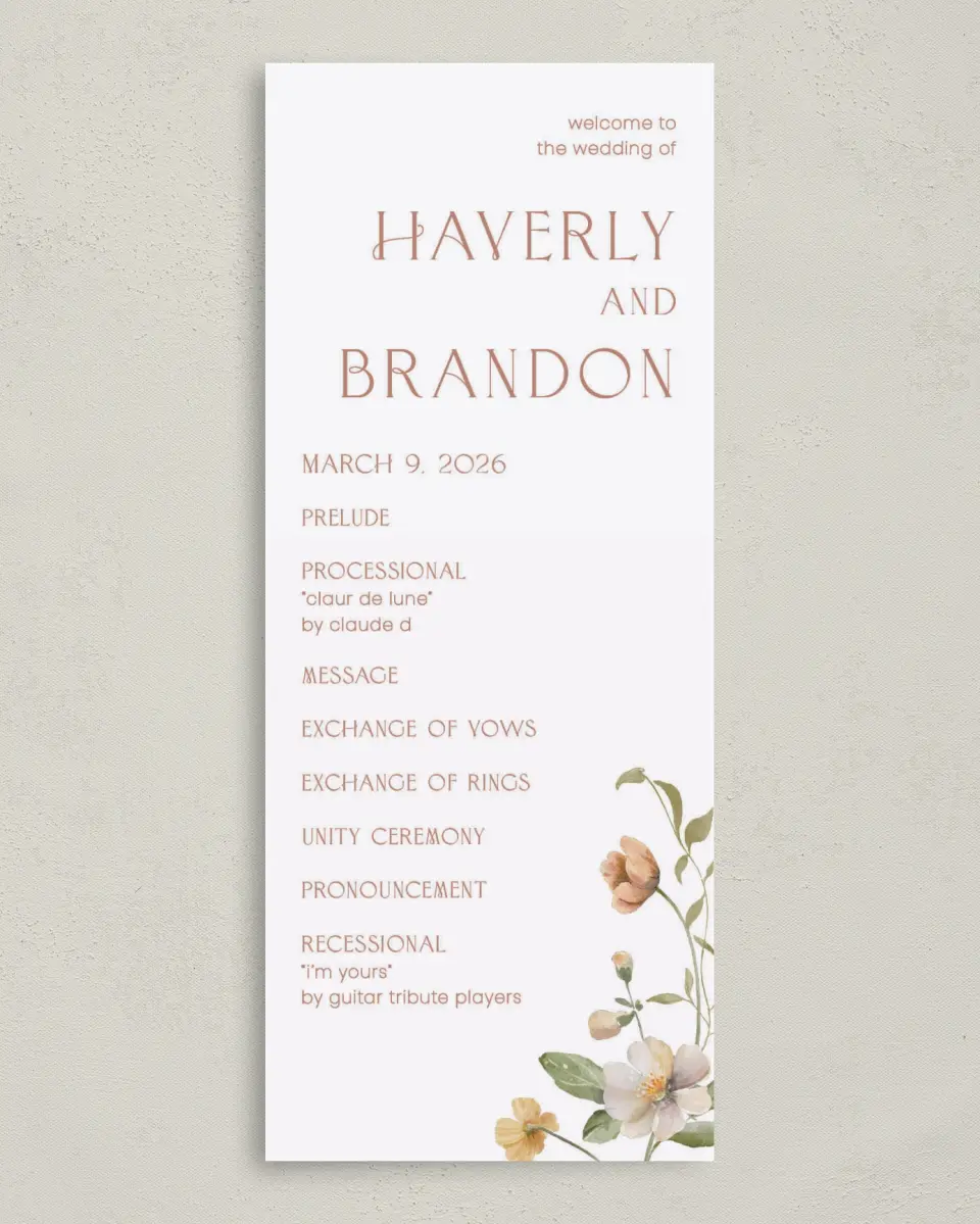 This is a 3⅝" x 8⅞" Tea-length Wedding Program called Delicate Garden printed in full color on Premium Smooth paper