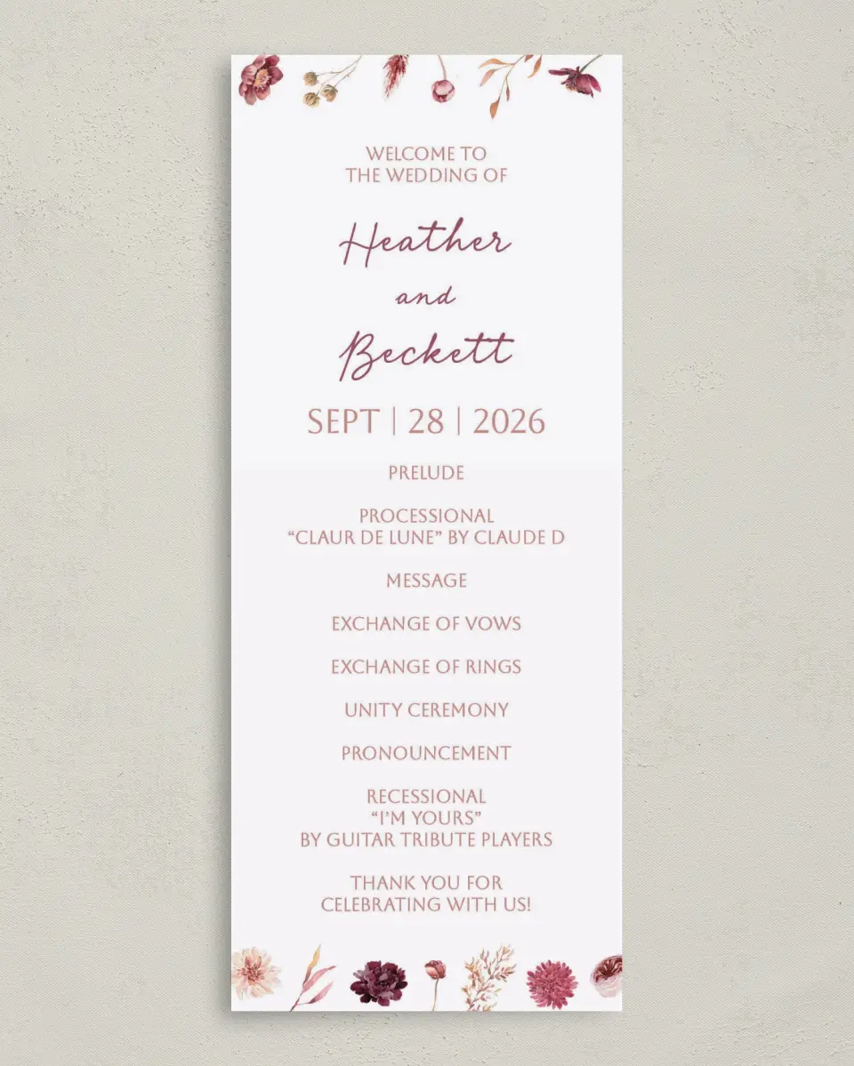 This is a 3⅝" x 8⅞" Tea-length Wedding Program called Mauvelous printed in full color on Premium Smooth paper