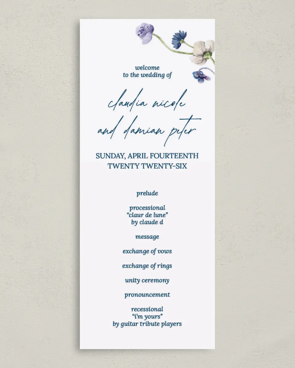 This is a 3⅝" x 8⅞" Tea-length Wedding Program called Wildest Dream printed in full color on Premium Smooth paper