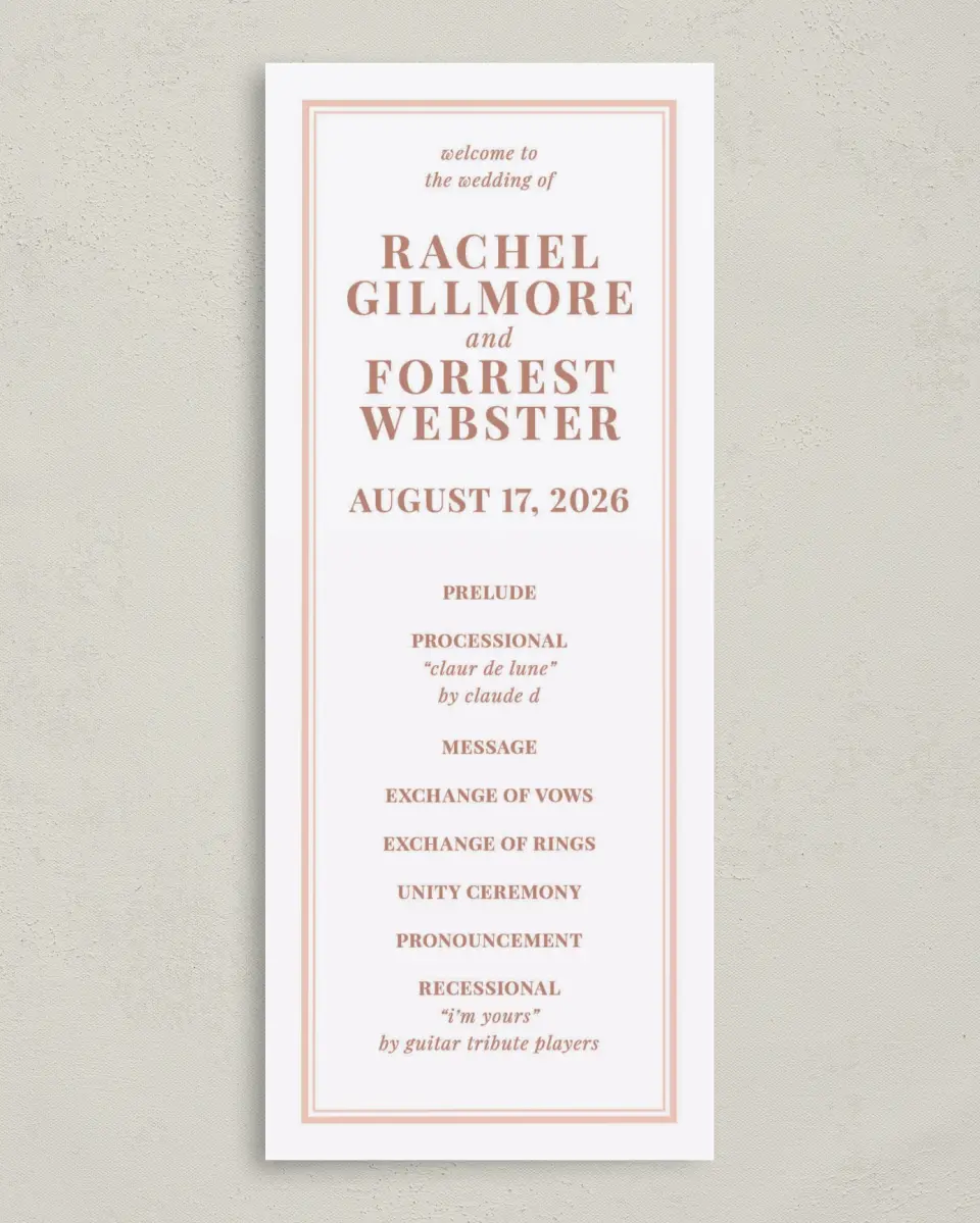 This is a 3⅝" x 8⅞" Tea-length Wedding Program called Gorgeous Blush printed in full color on Premium Smooth paper