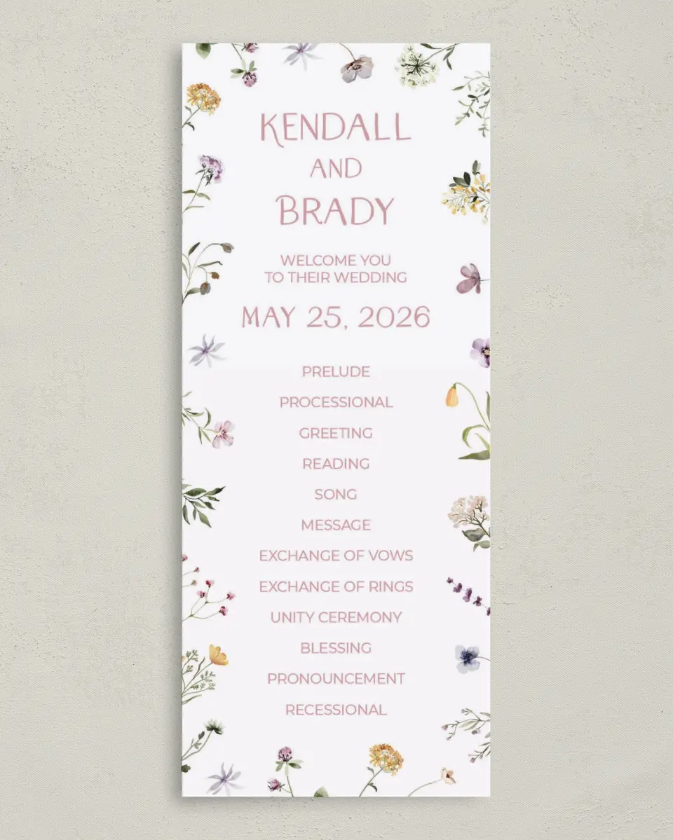 This is a 3⅝" x 8⅞" Tea-length Wedding Program called Efflorescence printed in full color on Premium Smooth paper