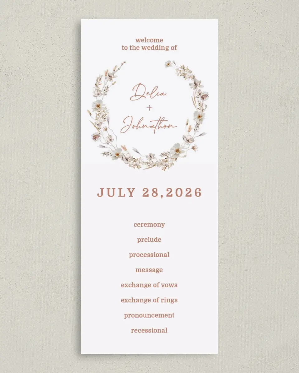 This is a 3⅝" x 8⅞" Tea-length Wedding Program called Petal Perfect printed in full color on Premium Smooth paper
