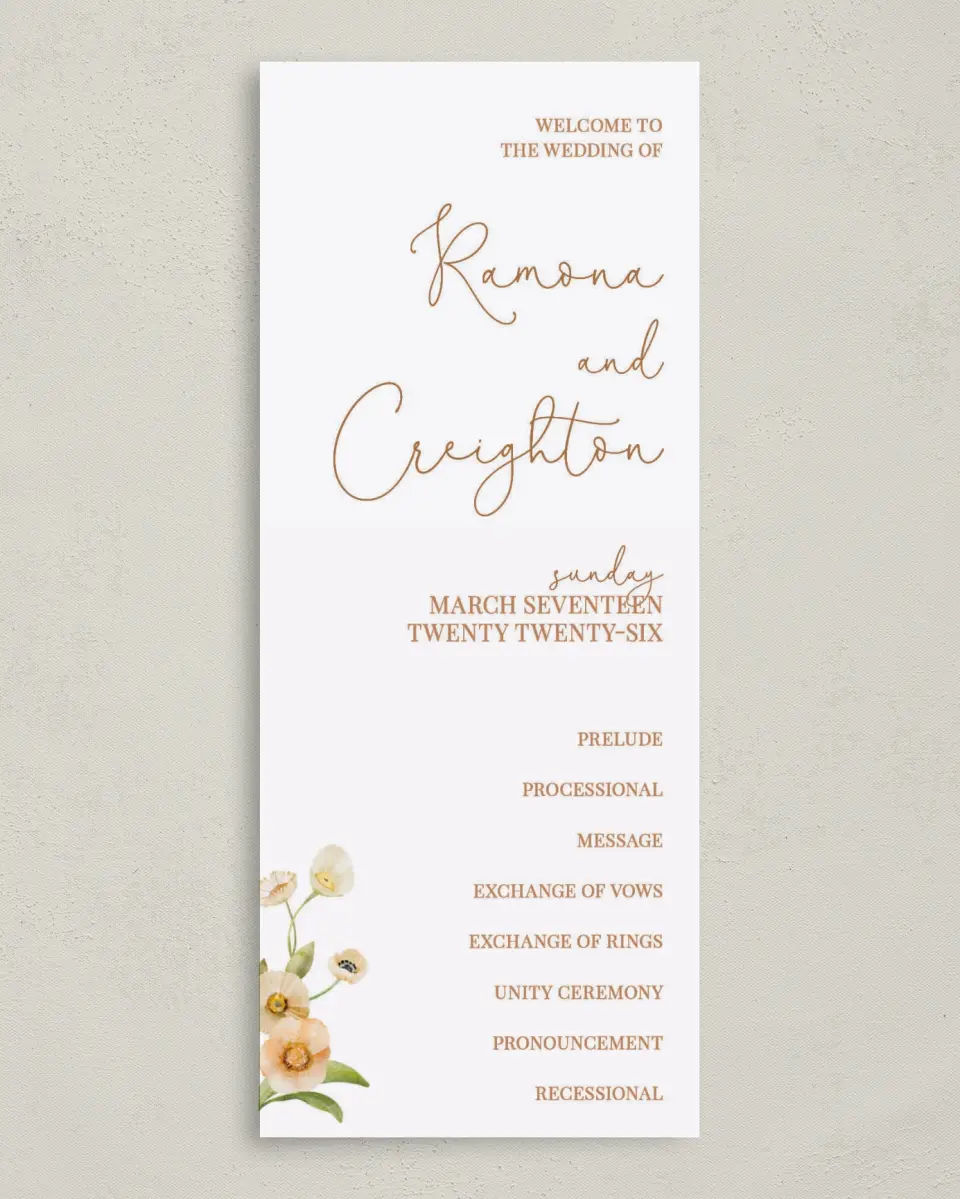 This is a 3⅝" x 8⅞" Tea-length Wedding Program called Sultry Sunshine printed in full color on Premium Smooth paper