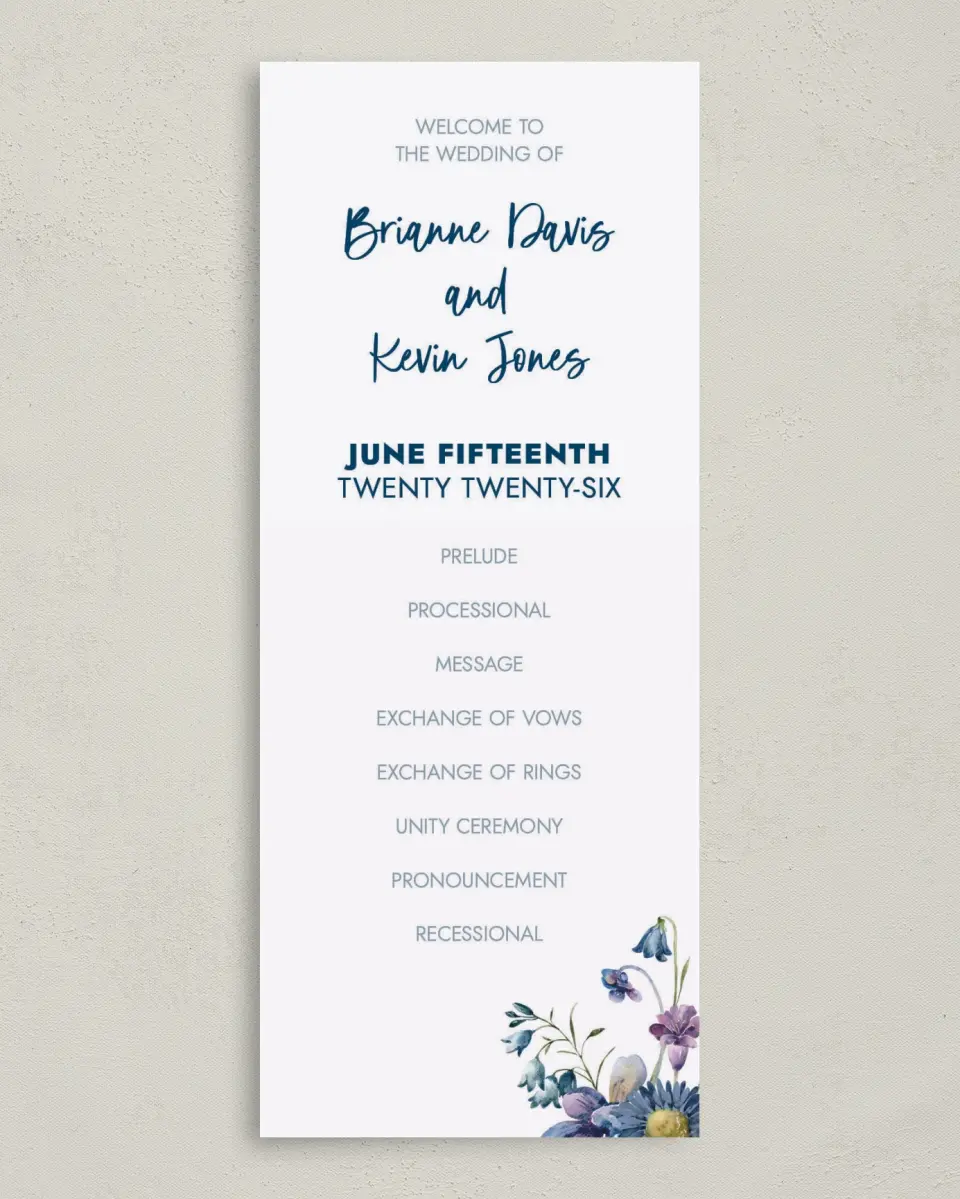 This is a 3⅝" x 8⅞" Tea-length Wedding Program called Abundant Blue printed in full color on Premium Smooth paper