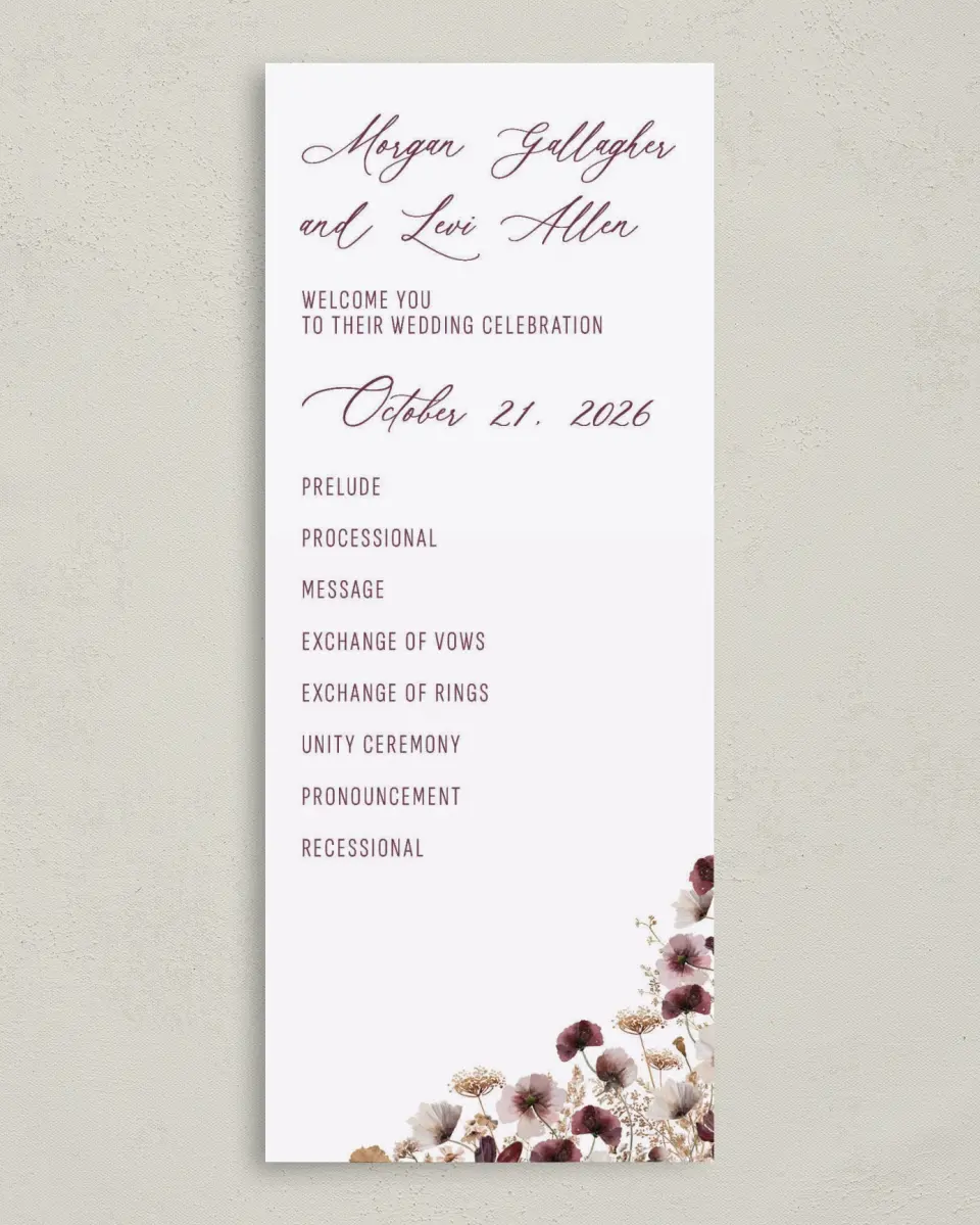 This is a 3⅝" x 8⅞" Tea-length Wedding Program called Harvest Meadows printed in full color on Premium Smooth paper